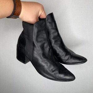 ALDO Black‎ Leather Ankle Boots Pointed Toe Block Heel Elastic Side Panels